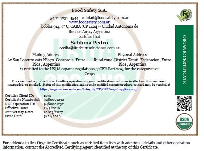 Certificado orgánico USDA-NOP de Santa Dominga